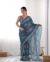 Teal Chinnon Saree with Bandhani Print & Mirror Work Blouse
