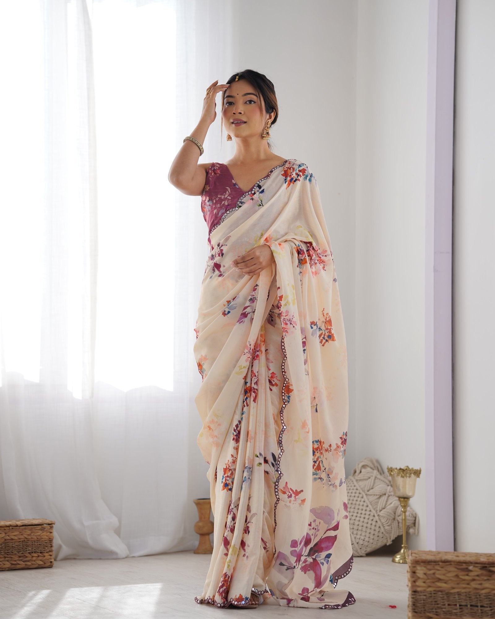 Cream Floral Chinnon Saree with Kutchi Mirror Work Border
