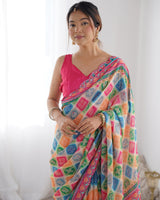 Vibrant Multicolor Chinnon Saree with Kutchi Mirror Work