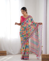 Vibrant Multicolor Chinnon Saree with Kutchi Mirror Work