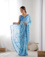 DVS-21 Blue & White Chinnon Saree with Kutchi Mirror Work