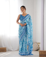 DVS-21 Blue & White Chinnon Saree with Kutchi Mirror Work