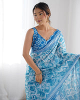 DVS-21 Blue & White Chinnon Saree with Kutchi Mirror Work