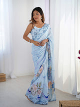 Sky Blue Chinnon Saree with Kutchi Mirror Work Border