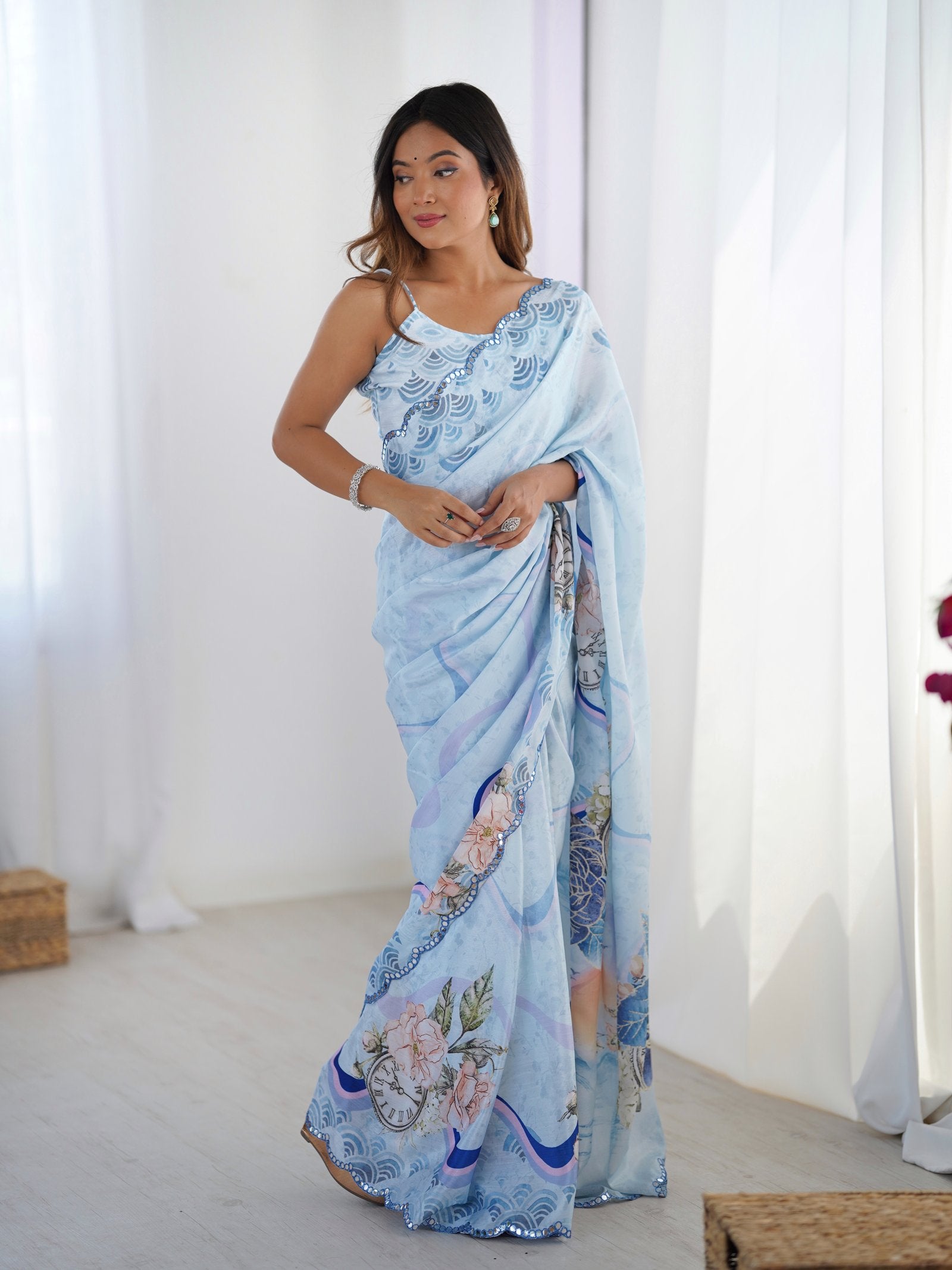 Sky Blue Chinnon Saree with Kutchi Mirror Work Border