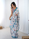 White Printed Chinnon Saree with Kutchi Mirror Border