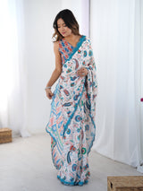 White Printed Chinnon Saree with Kutchi Mirror Border