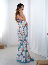 White Printed Chinnon Saree with Kutchi Mirror Border