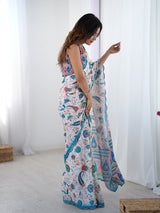 White Printed Chinnon Saree with Kutchi Mirror Border