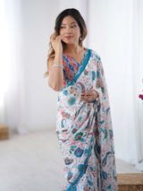White Printed Chinnon Saree with Kutchi Mirror Border
