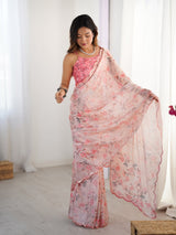 Pink Floral Print Chinnon Saree with Mirror Work Border