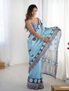 Blue Printed Chinnon Saree with Kutchi Mirror Border