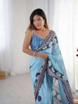 Blue Printed Chinnon Saree with Kutchi Mirror Border