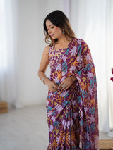 Wine Chinnon Floral Saree with Kutchi Mirror Work Border