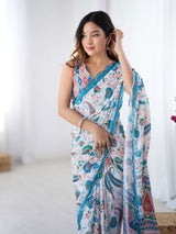 DVS-33 Multicolor Printed Chinnon Saree with Mirror Work