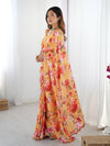 Yellow Floral Printed Chinnon Saree with Kutchi Mirror Work Border