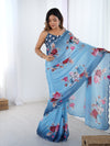 Sky Blue Chinnon Saree with Floral Print & Kutchi Mirror Work