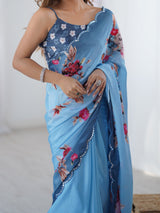 Sky Blue Chinnon Saree with Floral Print & Kutchi Mirror Work