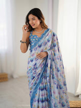 Multicolor Floral Print Heavy Chinnon Saree with Mirror Lace Border