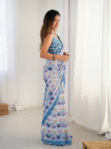 Multicolor Floral Print Heavy Chinnon Saree with Mirror Lace Border