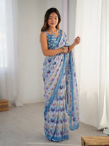 Multicolor Floral Print Heavy Chinnon Saree with Mirror Lace Border