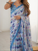Multicolor Floral Print Heavy Chinnon Saree with Mirror Lace Border