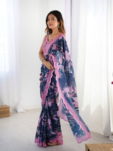 Navy Blue Chinnon Saree with Floral Print & Mirror Lace