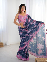 Navy Blue Chinnon Saree with Floral Print & Mirror Lace