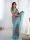 Elegant Grey Chinnon Saree with Aqua Scalloped Mirror Work Blouse