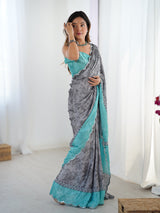 Elegant Grey Chinnon Saree with Aqua Scalloped Mirror Work Blouse