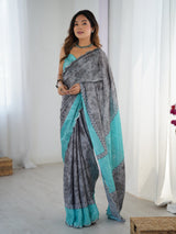 Elegant Grey Chinnon Saree with Aqua Scalloped Mirror Work Blouse