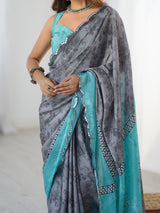 Elegant Grey Chinnon Saree with Aqua Scalloped Mirror Work Blouse