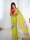 Lime Green Chinnon Saree with Floral Print & Mirror Border