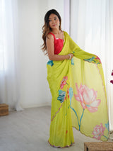 Lime Green Chinnon Saree with Floral Print & Mirror Border