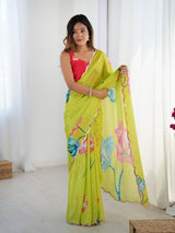 Lime Green Chinnon Saree with Floral Print & Mirror Border