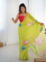Lime Green Chinnon Saree with Floral Print & Mirror Border