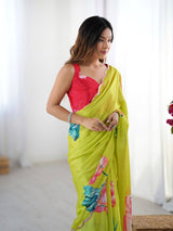 Lime Green Chinnon Saree with Floral Print & Mirror Border