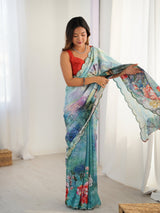 Multicolor Chinnon Saree with Kutchi Mirror Work Border - DVS-45