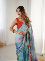 Multicolor Chinnon Saree with Kutchi Mirror Work Border - DVS-45