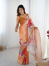 Peach Floral Chinnon Saree with Kutchi Mirror Work Border