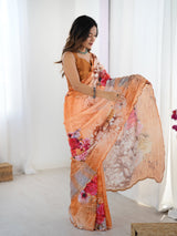 Peach Floral Chinnon Saree with Kutchi Mirror Work Border