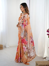 Peach Floral Chinnon Saree with Kutchi Mirror Work Border