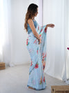 Sky Blue Chinnon Saree with Floral Print & Mirror Border