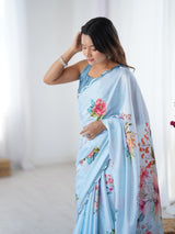 Sky Blue Chinnon Saree with Floral Print & Mirror Border