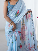 Sky Blue Chinnon Saree with Floral Print & Mirror Border