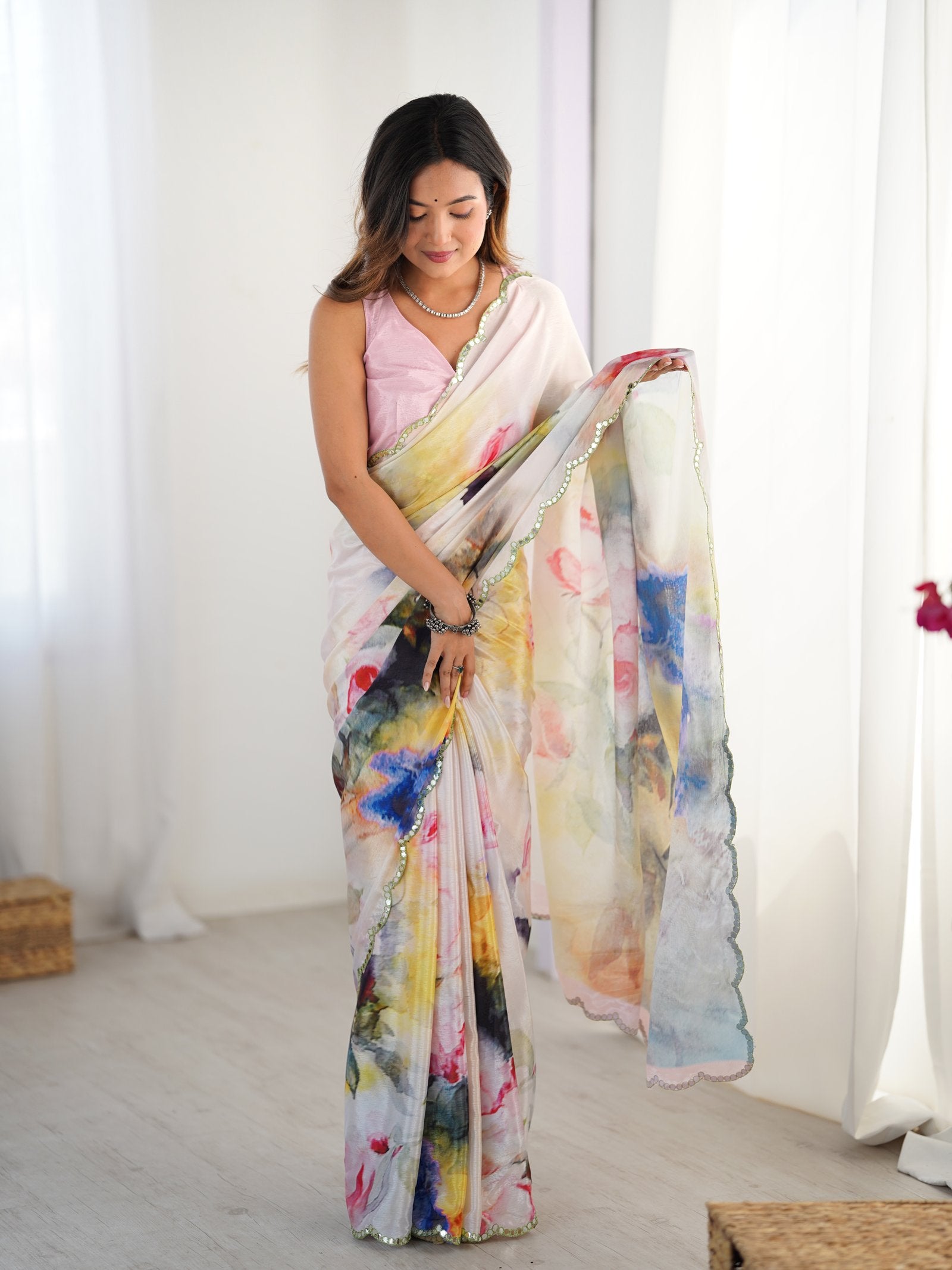 Multicolor Floral Chinnon Saree with Kutchi Mirror Work Border