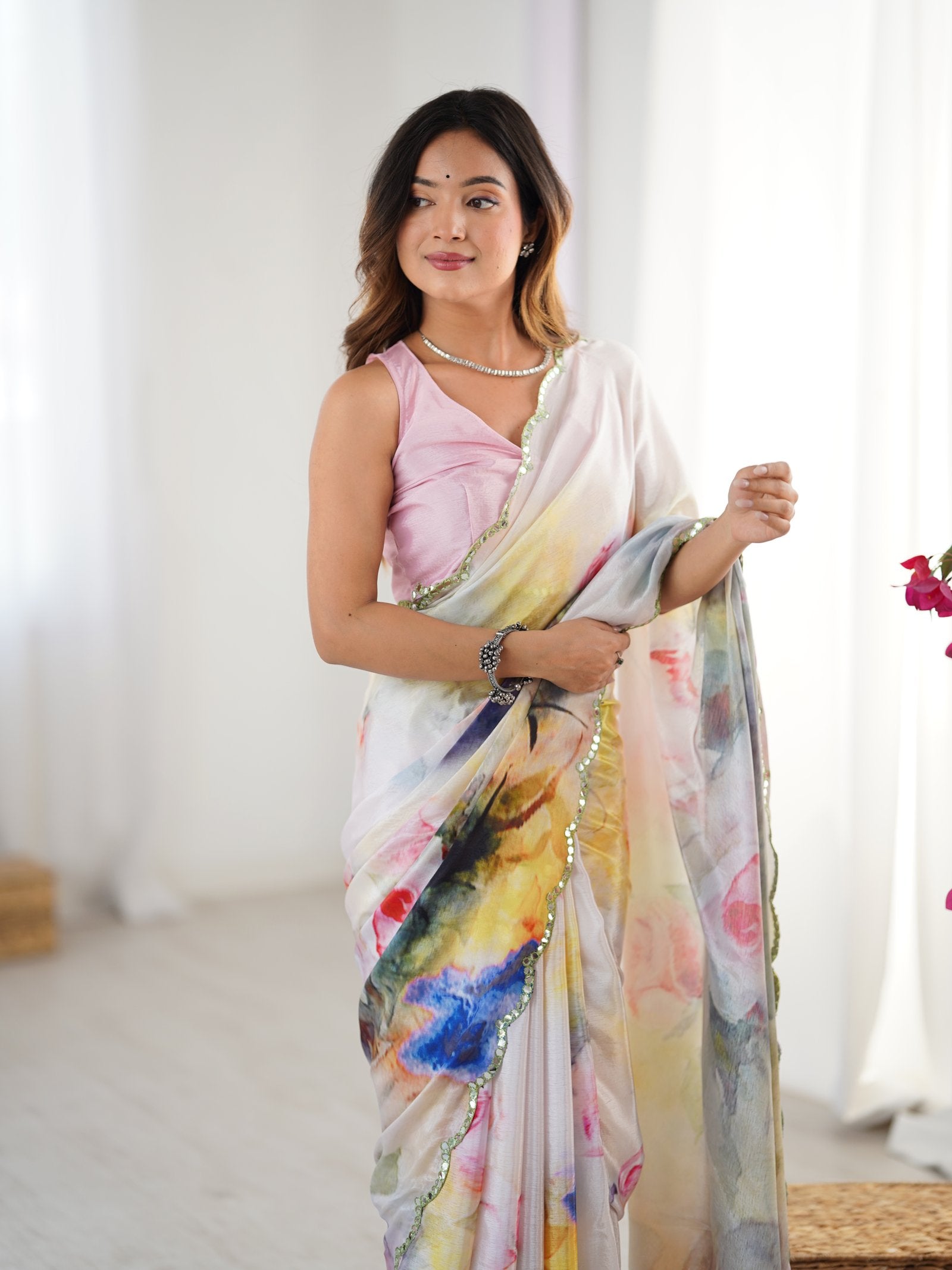 Multicolor Floral Chinnon Saree with Kutchi Mirror Work Border