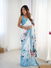 White & Blue Floral Print Heavy Chinnon Saree with Mirror Lace
