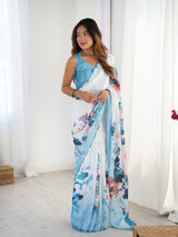 White & Blue Floral Print Heavy Chinnon Saree with Mirror Lace