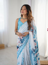 White & Blue Floral Print Heavy Chinnon Saree with Mirror Lace